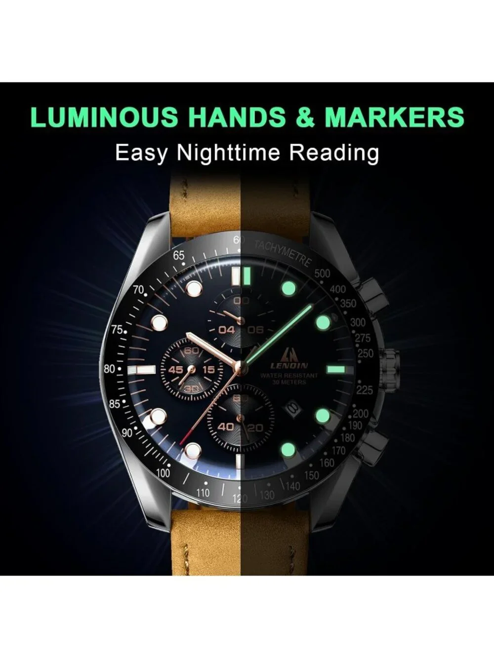 Men's Brown Black Analog Quartz Leather Waterproof Luminous Luxury Casual Watch